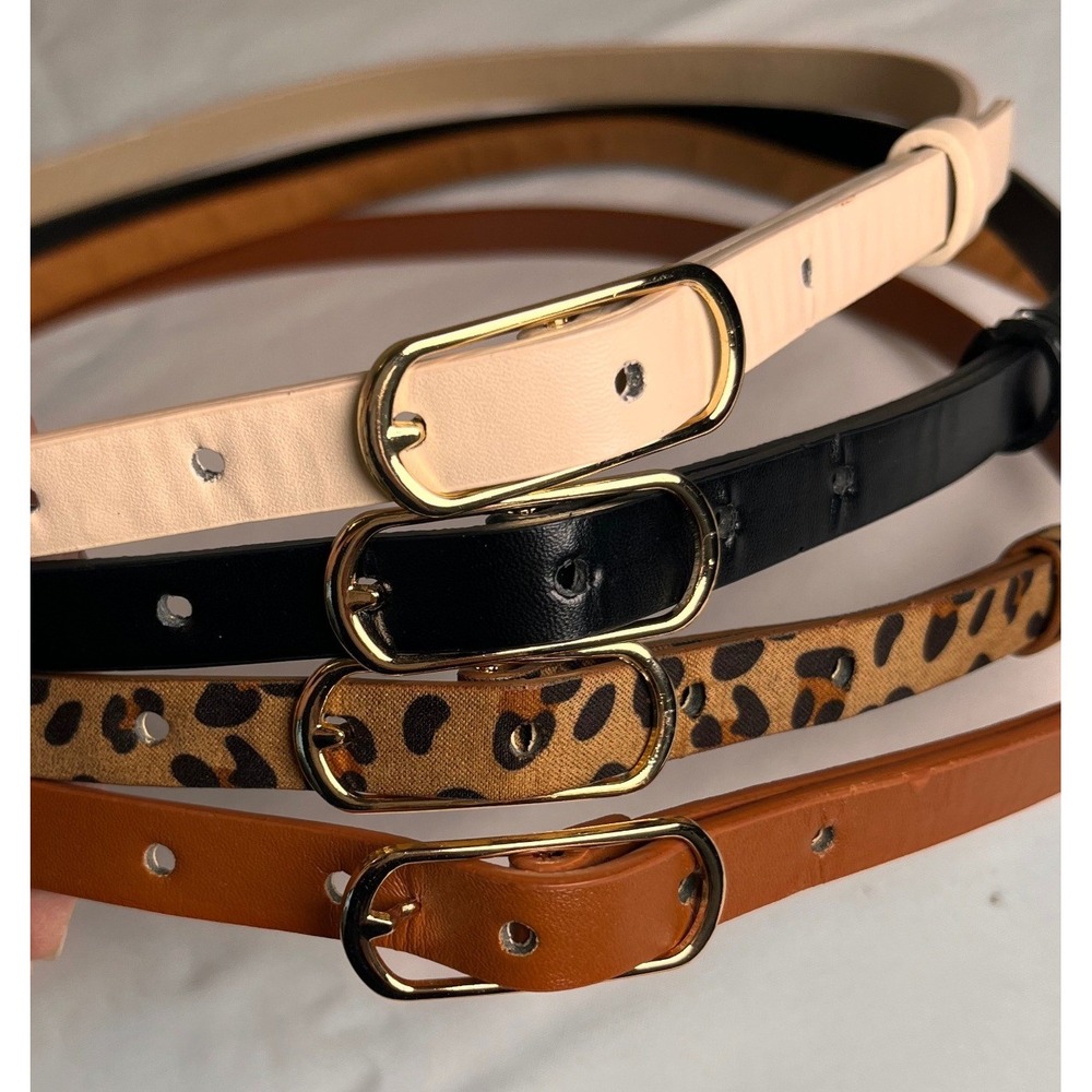 4 Womens Skinny Belt Lot Black Brown Beige Leopard Print Gold Buckles 42.5"